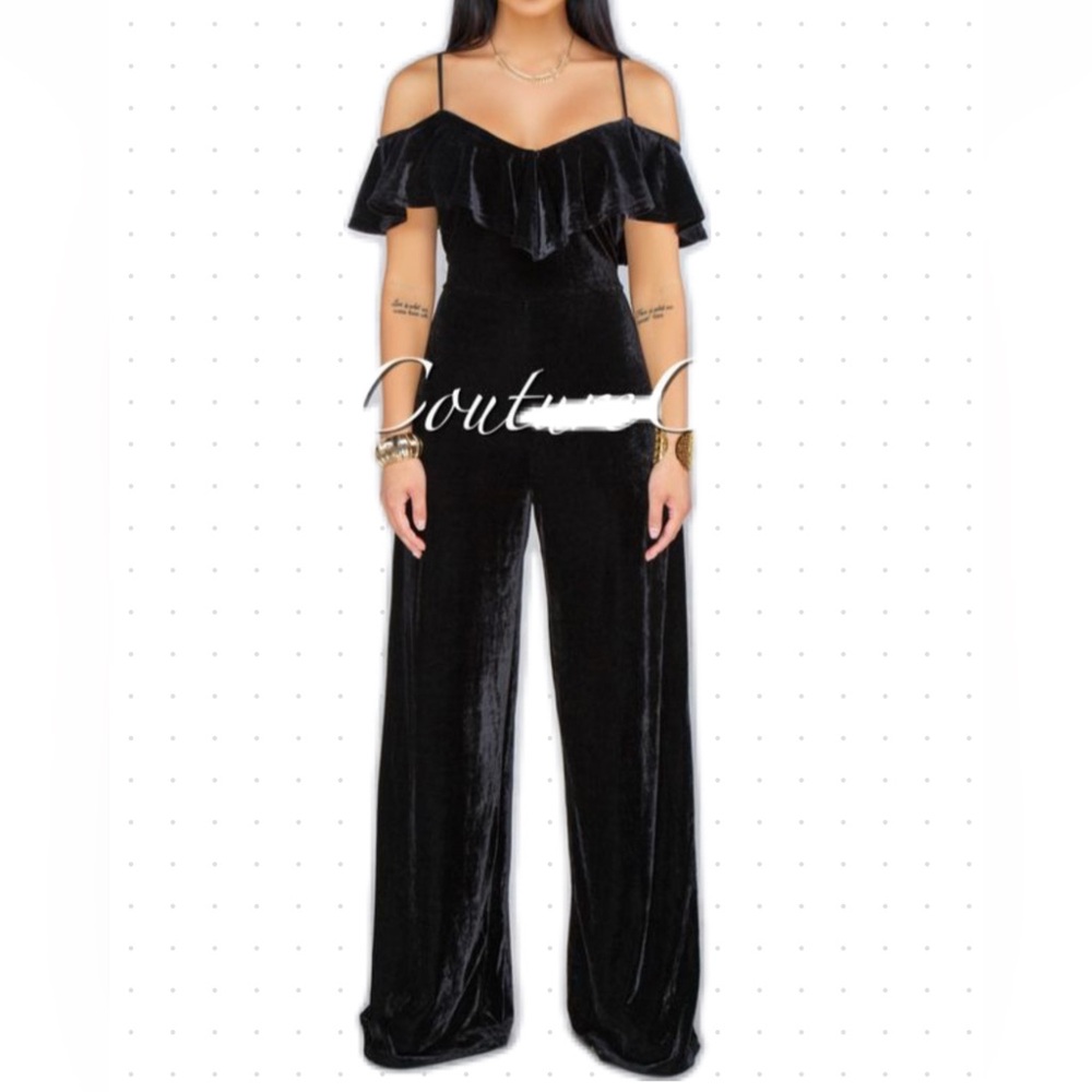 BLACK VELVET OFF THR SHOULDER HOLIDAY WIDE LEG JUMPSUIT LARGE